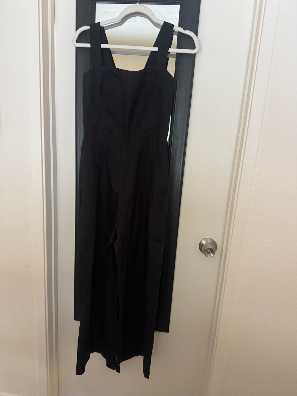 Reformation Linen Classic Black Square-Neck Wide-Leg Jumpsuit w/ belt